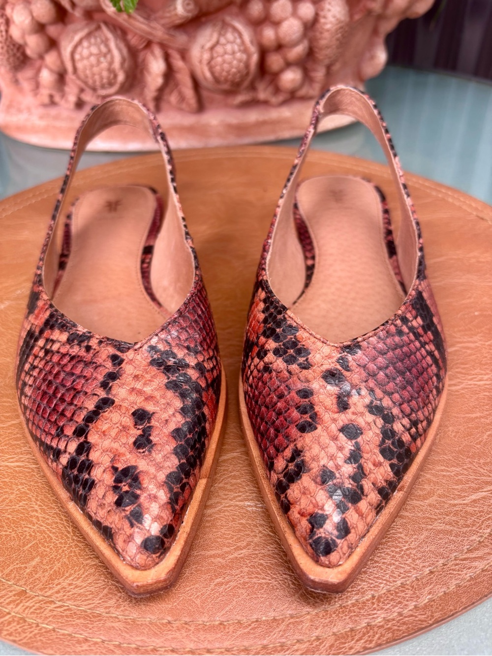 Frye Slingback Leather Snakeprint Flats Like New